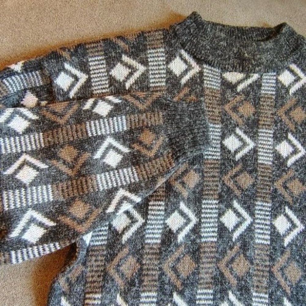 Vtg 90s Knit Pullover Sweater Mens L Gray Geometric Wool Multicolor AOP Grandpa